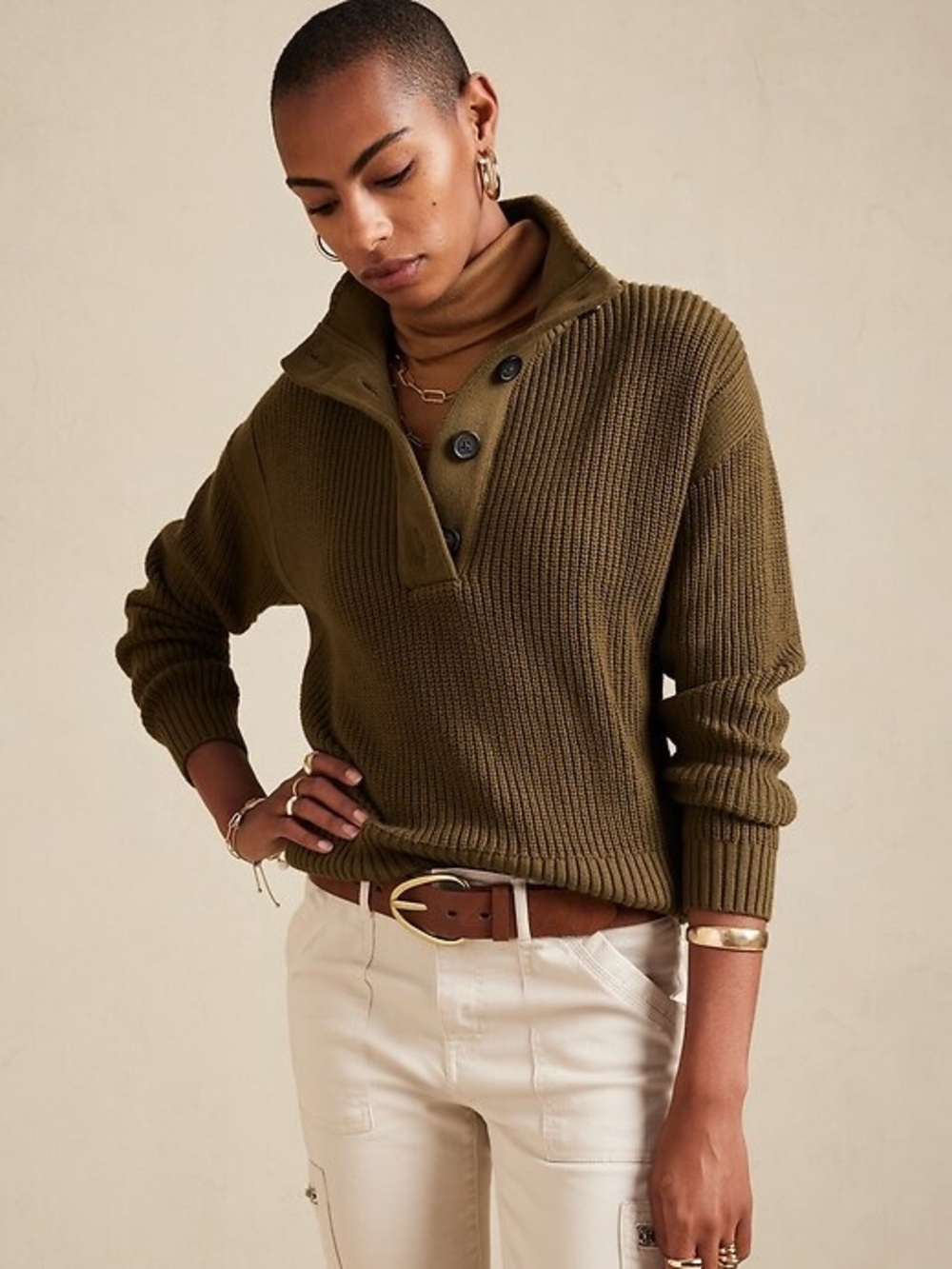 Banana Republic Olive Ribbed Button-Neck Sweater